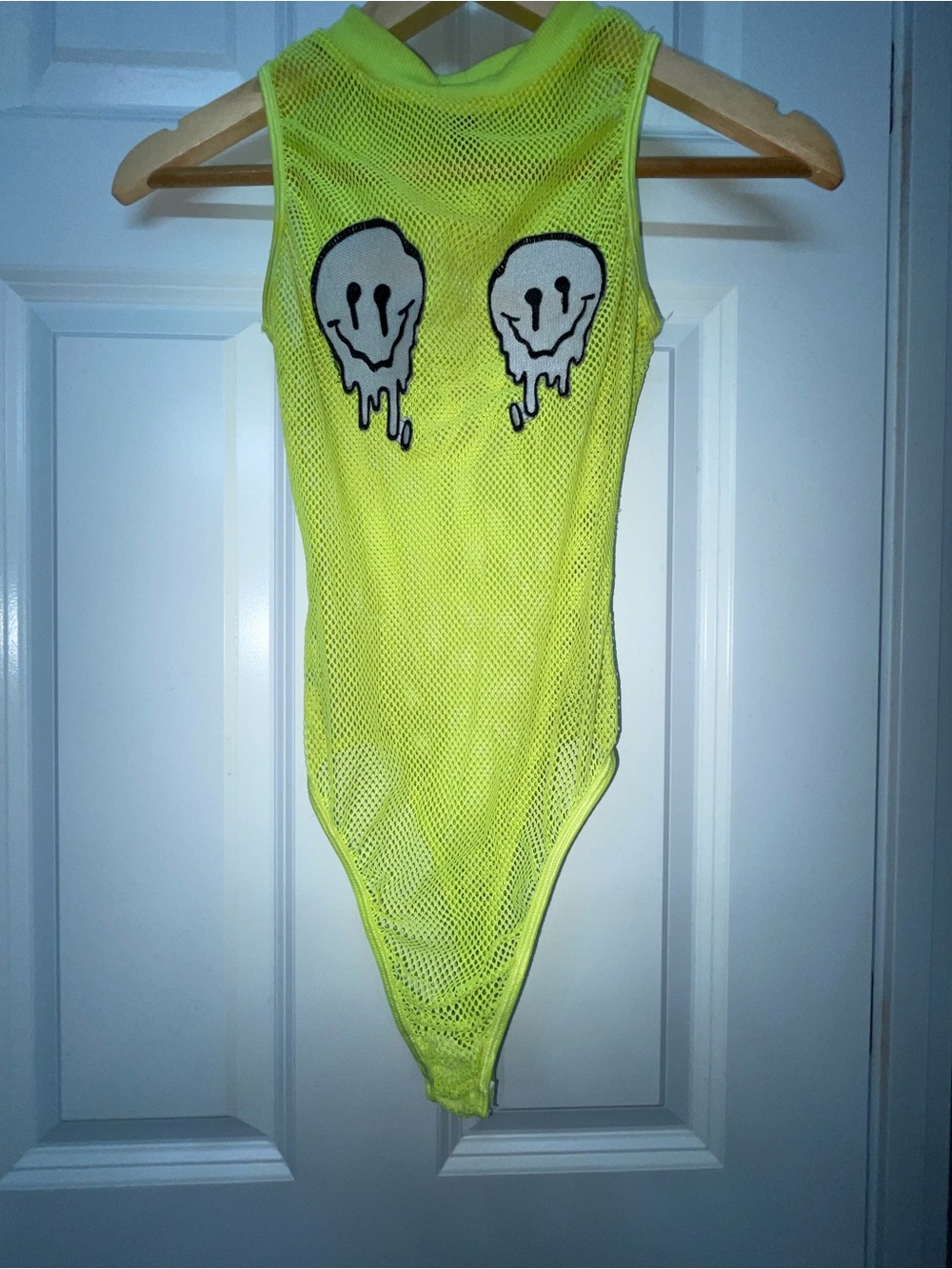 Club Exx Dolls Kill Neon Yellow Mesh Bodysuit with Melting Face